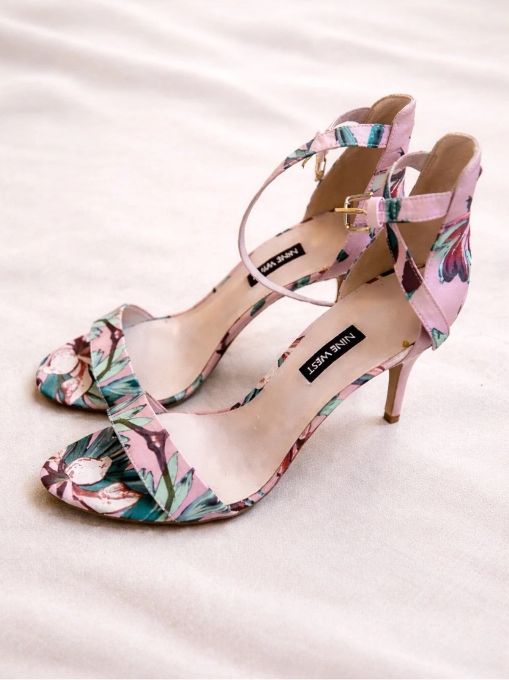 Nine West Floral Ankle Strap Heels Pink Open Toe Stiletto Sandals 9.5M